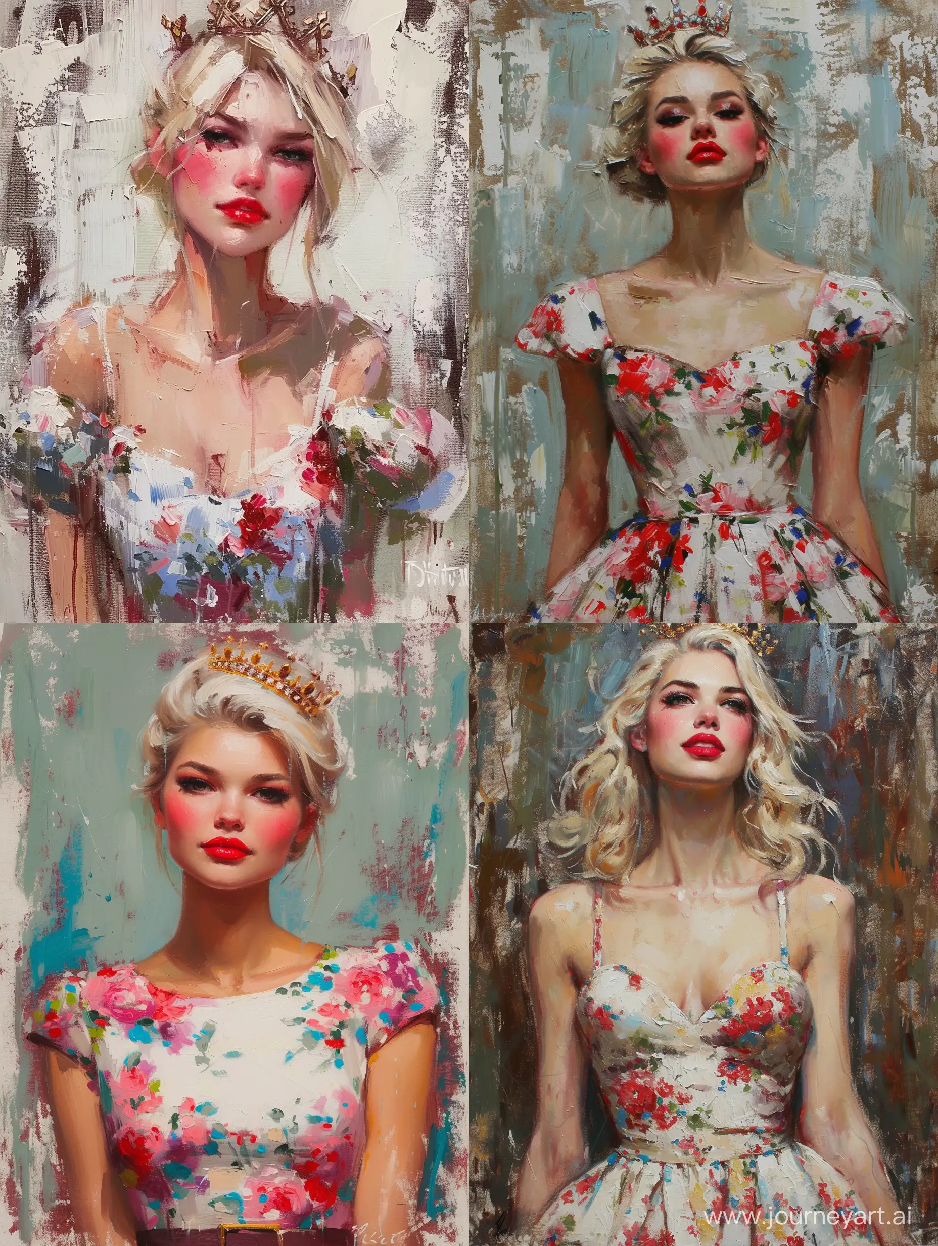 beautiful impressionism painting of a beautiful British woman,blonde hair, white tan skin, rosy cheeks and red lips,crown on head wearing beautiful floral ball dress ,brush strokes are easily visible.