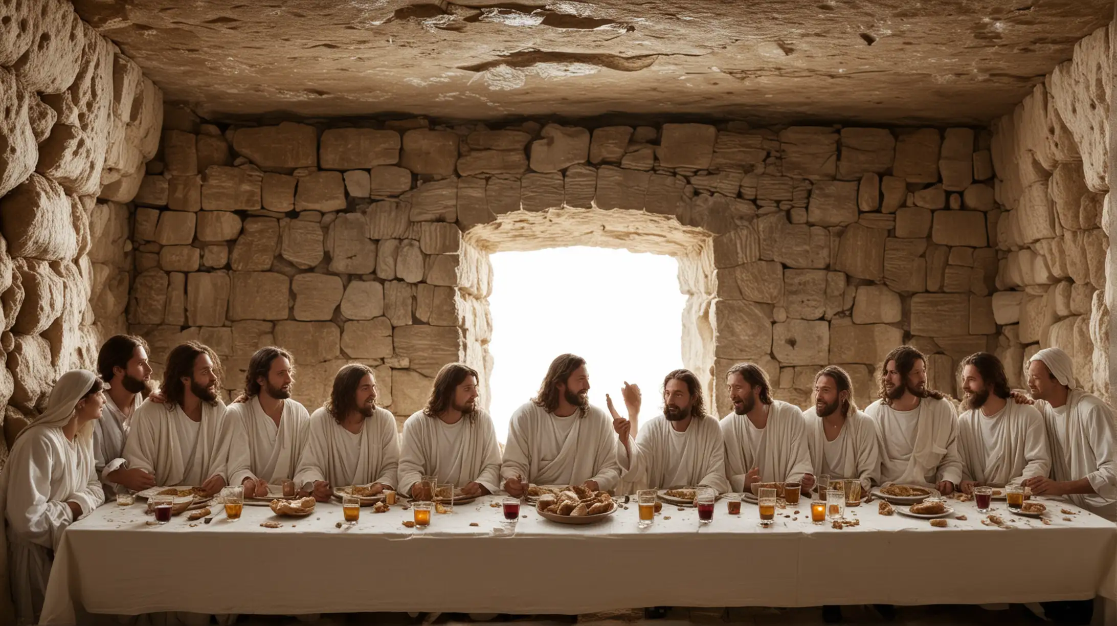 jesus shine, last supper, real, white, heavenly, glow,  12 diciples, jerusalem, cave, grey, broken bread, wine
