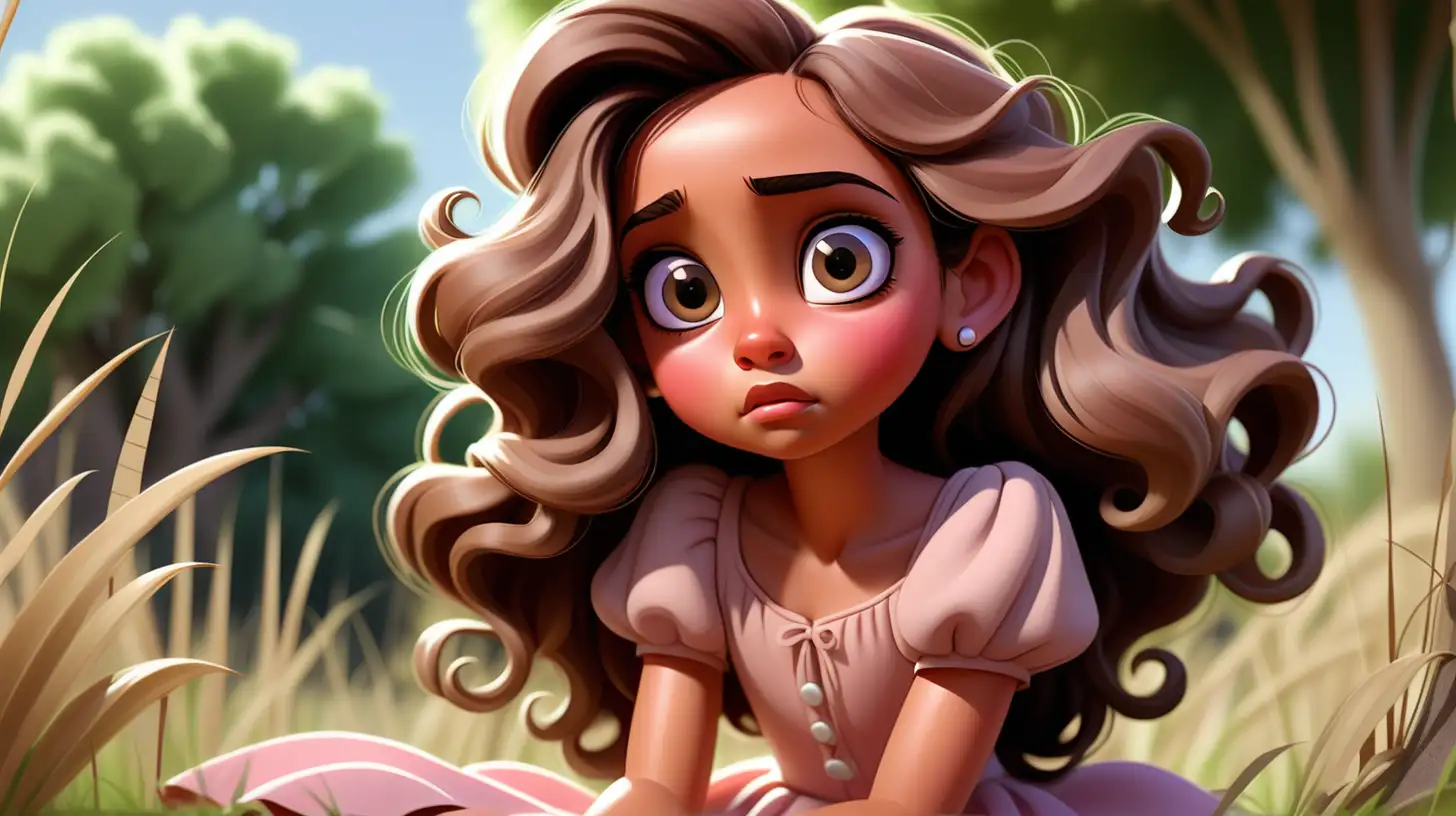 Flat art, children's book, cute, 7 year old girl, light brown skin skin, big hazel eyes long dark eyelashes , big long tight curl hair brown hair, flat bodice, cute, sad beautiful, childlike, disney eyes, disney cheeks, pink dress, wide angle portrait, nature, sitting under tree, cheek resting on palm of hand, tall grass swaying in front of the camera , blue sky, clouds, small stud earrings, 