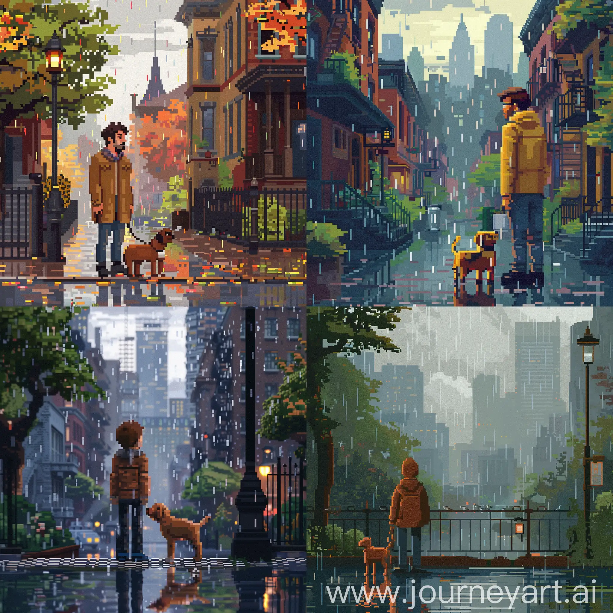 a pixel citizen with his dog in a rainy beautiful pixel city.