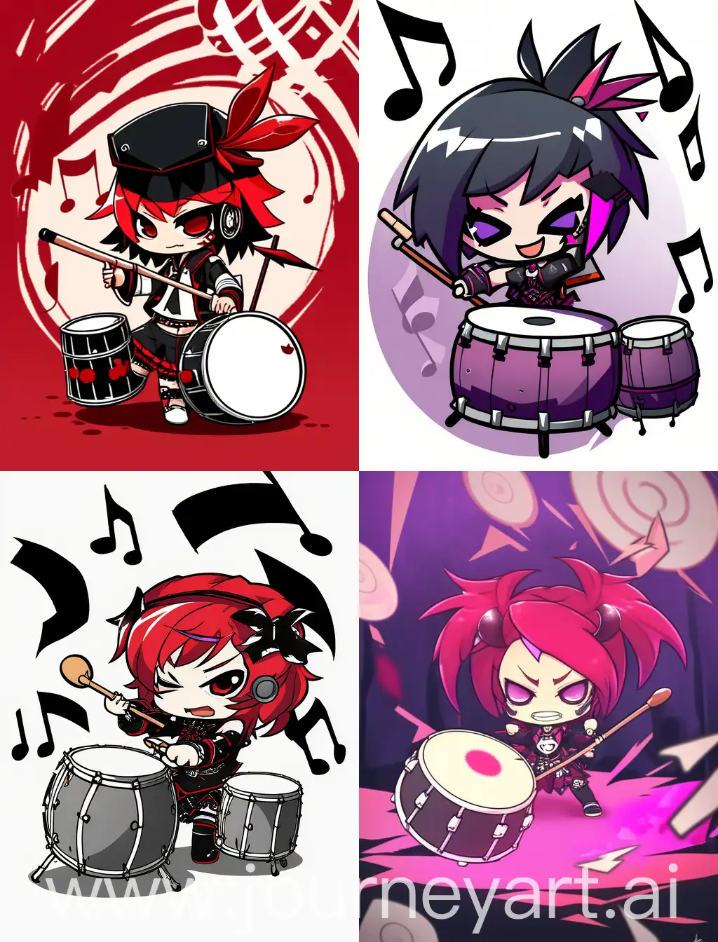 Chibi-Emo-Girl-Playing-Drum-in-Cartoon-Anime-Style-with-Strong-Lines-on-Horror-Background