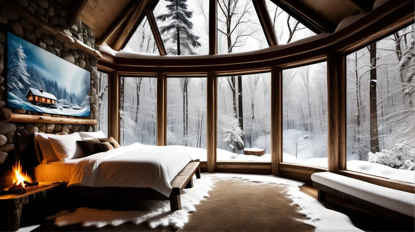 generate a luxurious Chill Out Inn in the Forest Room with fireplace crackling surrounded by a waterfall, you can see the sky and snow-covered trees throughout the windows.