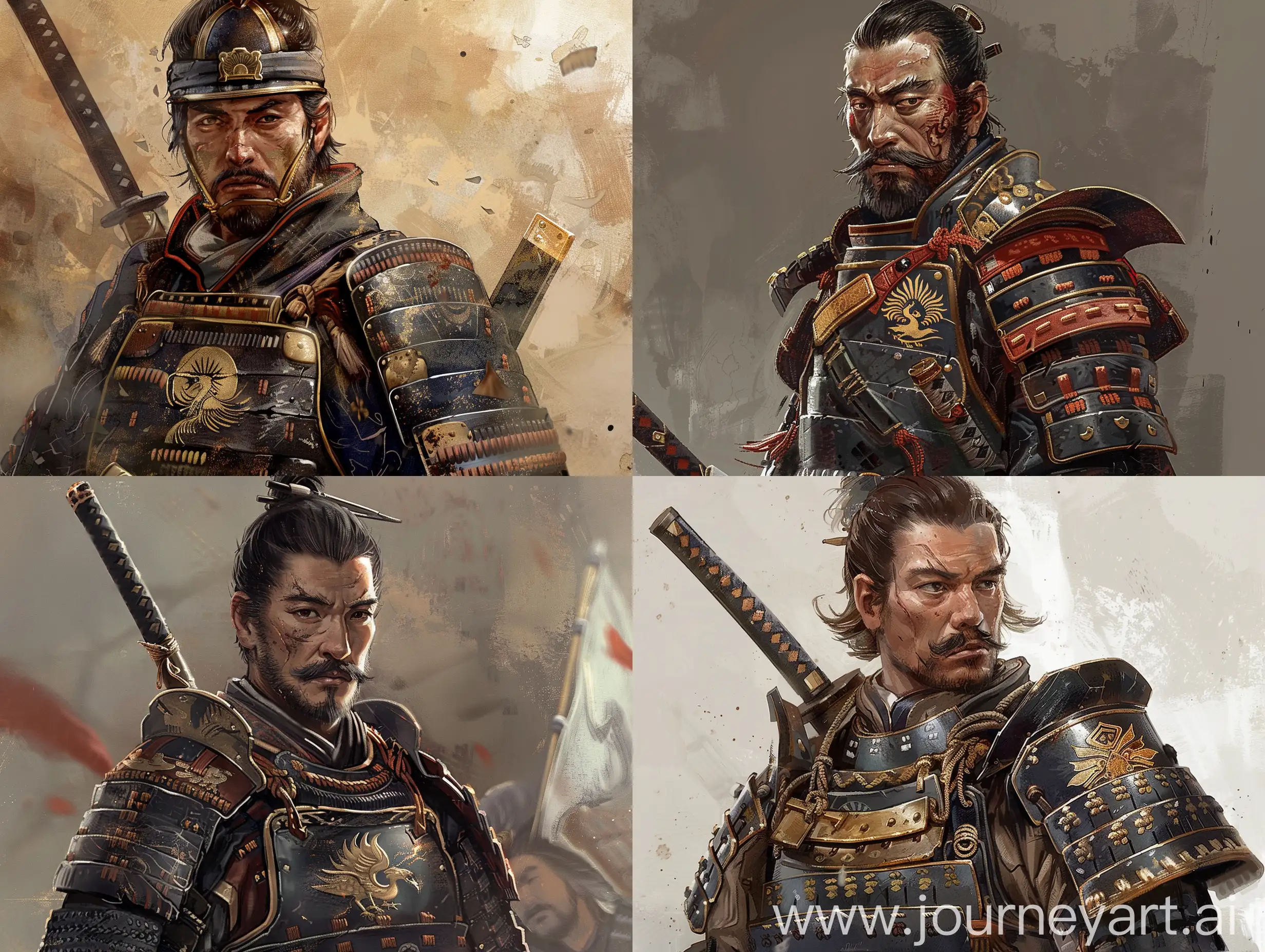 A portrait of a sengoku jidai samurai in armor with a matchlock teppo and an armor with a Phoenix crest, in the style of Nobunaga's Ambition character portraits.