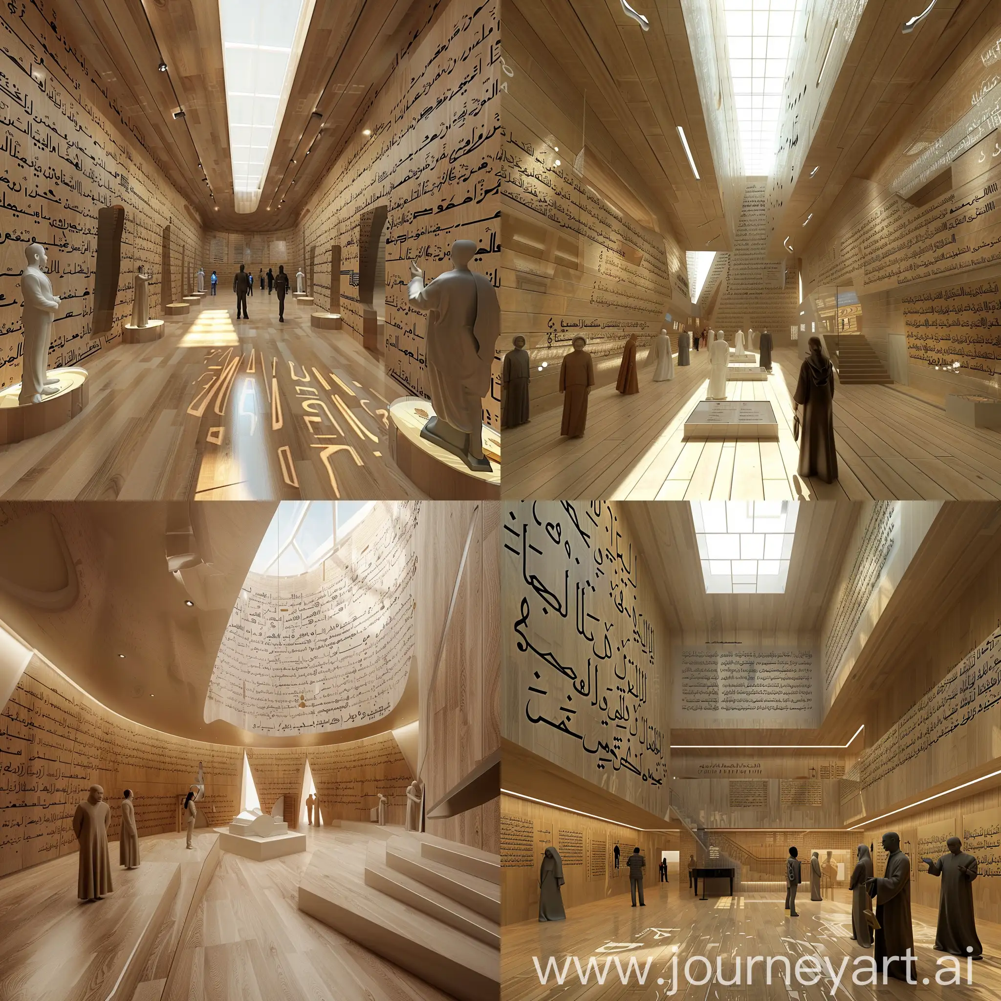 Museum of Classical Arab Music , Arabic poems on the walls , exhibition , Architectural style inspired by musical notes , vinyl flooring , wood walls , skylight , ecological building , Wax statues , people