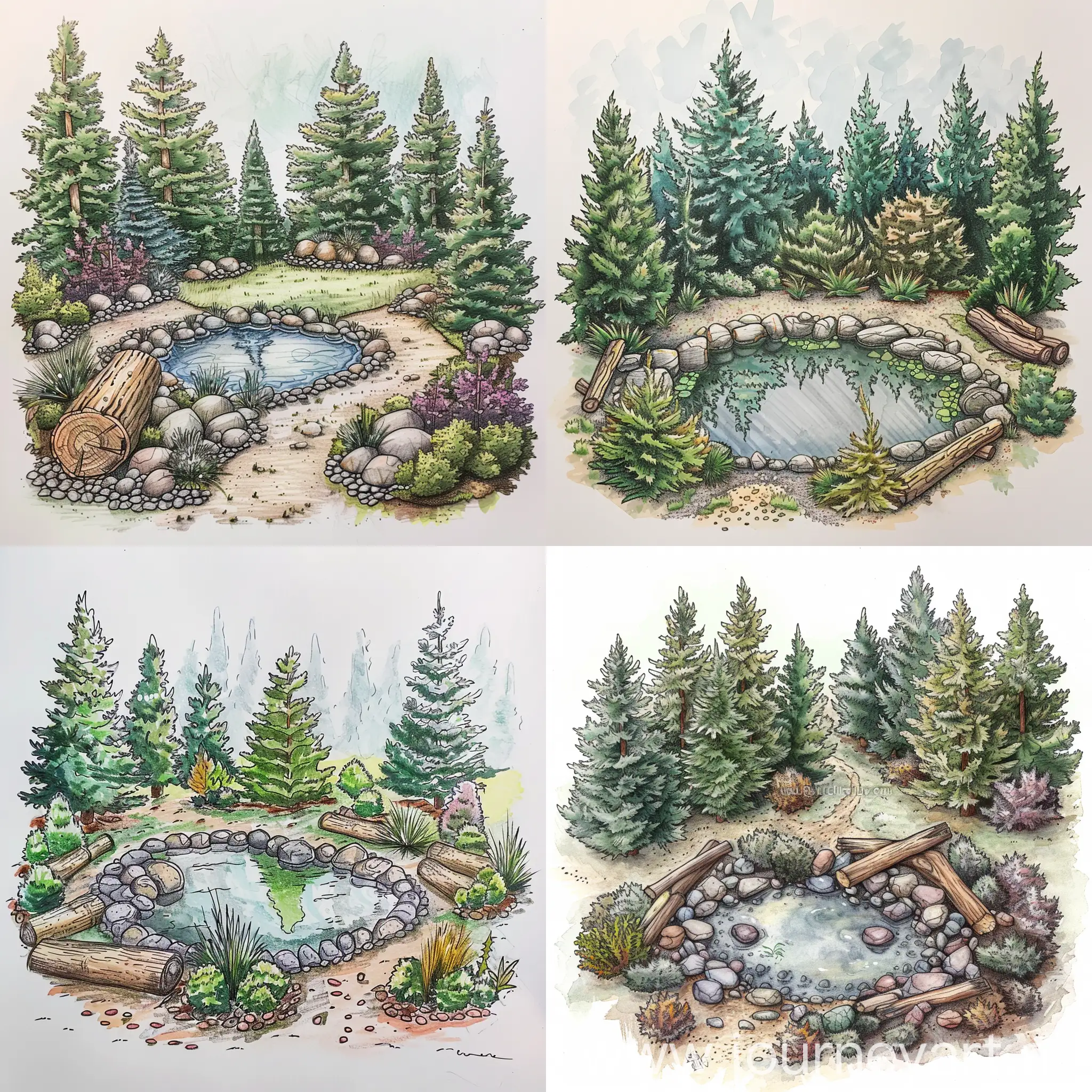 Draw a sketch, a rural landscape with a pond decorated with stones and logs. Add different sizes of pebbles Surrounding the pond consists of pine trees and lush trees varies of colors and sizes. The ground has small plants and bushes, and paths can be seen leading to the pond. Make it so that it looks like a beginner artist drew it