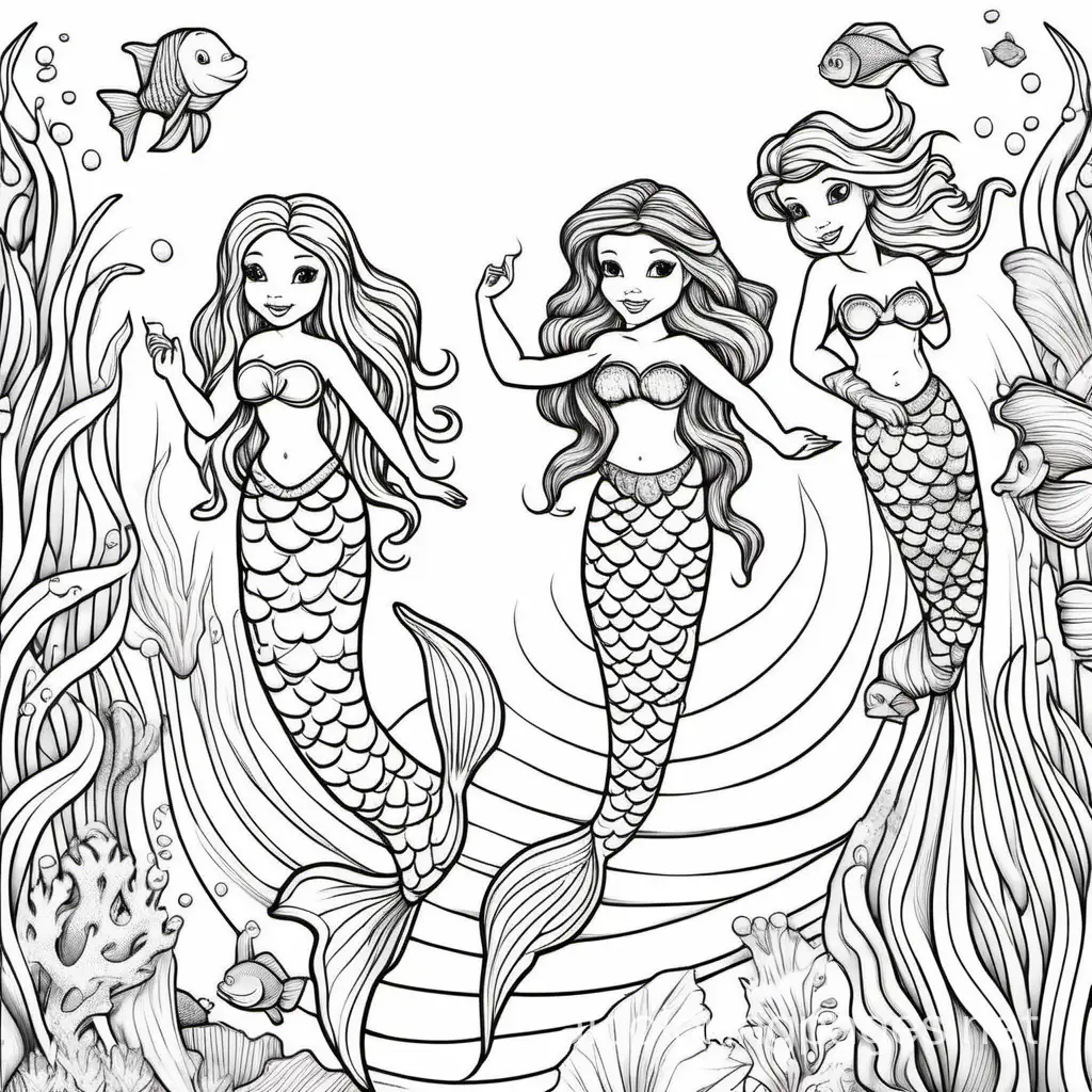 Fantasy mermaids kids, Coloring Page, black and white, line art, white background, Simplicity, Ample White Space. The background of the coloring page is plain white to make it easy for young children to color within the lines. The outlines of all the subjects are easy to distinguish, making it simple for kids to color without too much difficulty