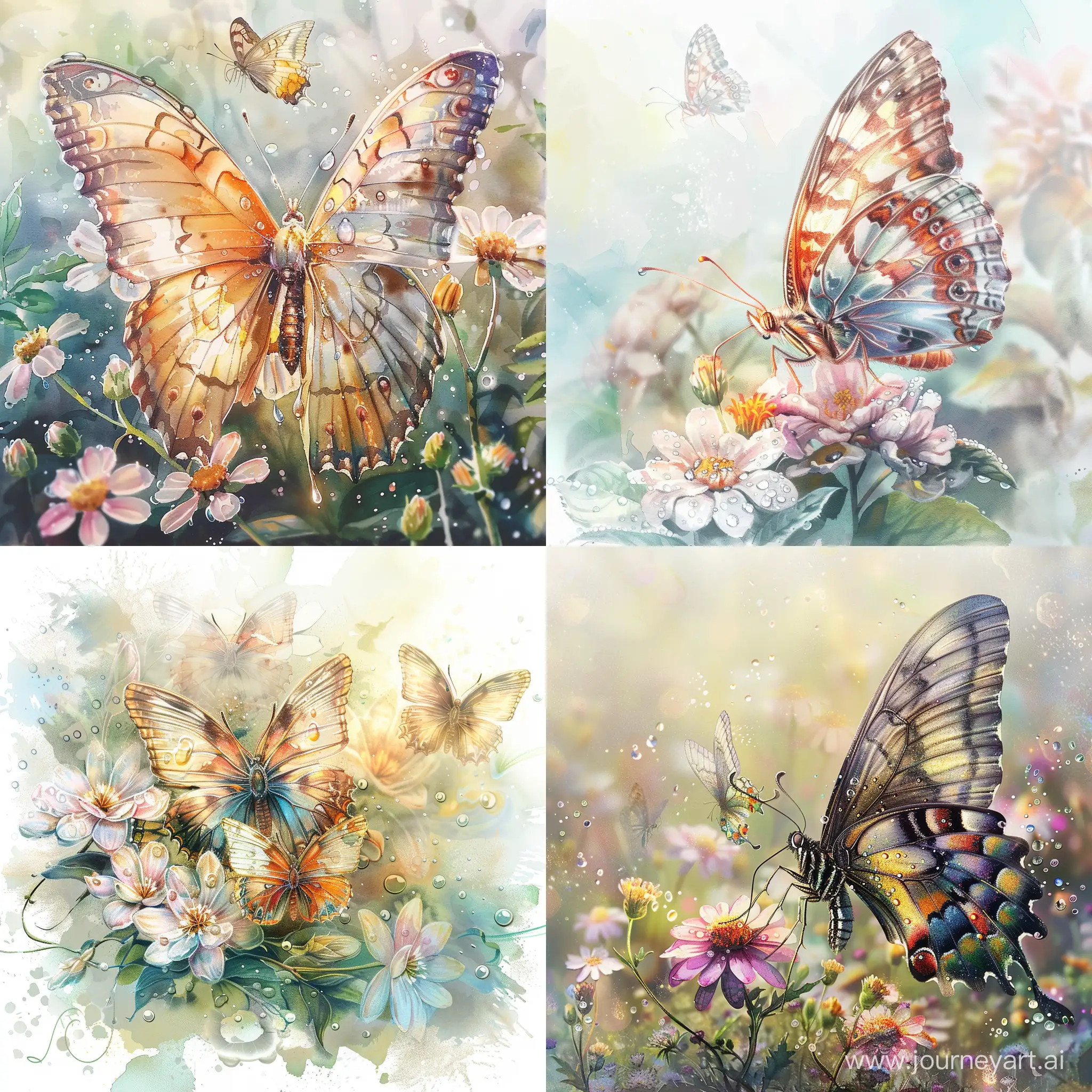 красивая ,бабочка в стиле акварель ,сидит на цветках, капли росы,на заднем плане 2  бабочки в стиле акварель, учитывать резкость 