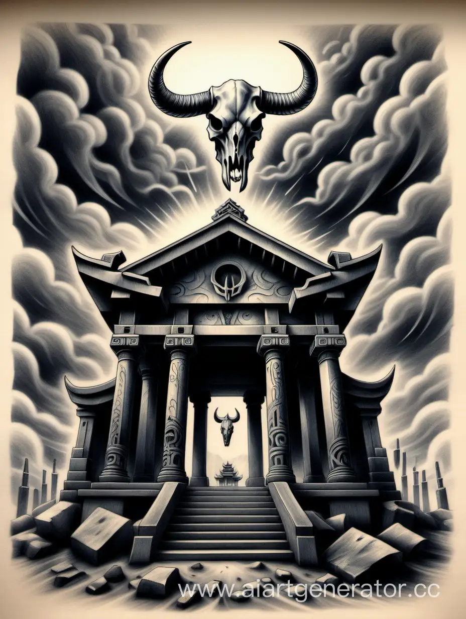 Perun, shrine, graphic drawing, realism, tattoo sketch, thunder temple, sky, bull skull below