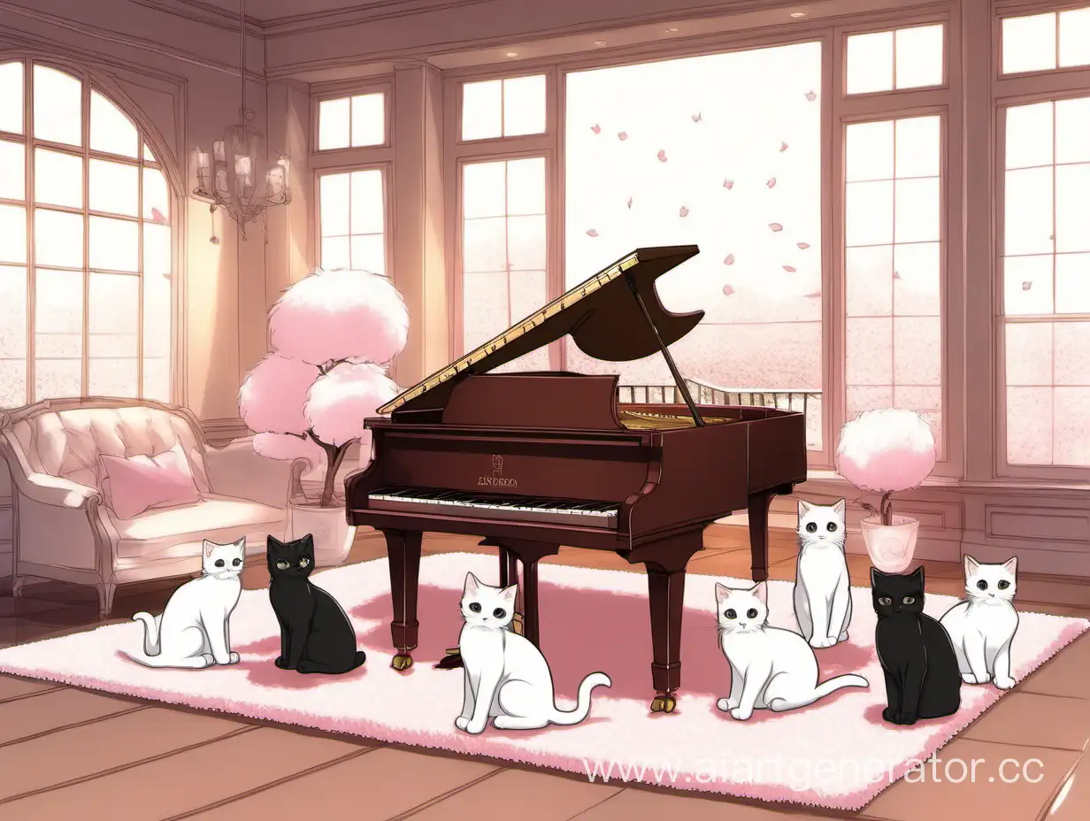 котята в большой комнате с фортепиано. большое окно. цвет какао. сакура. белый пушистый ковёр. много белого.