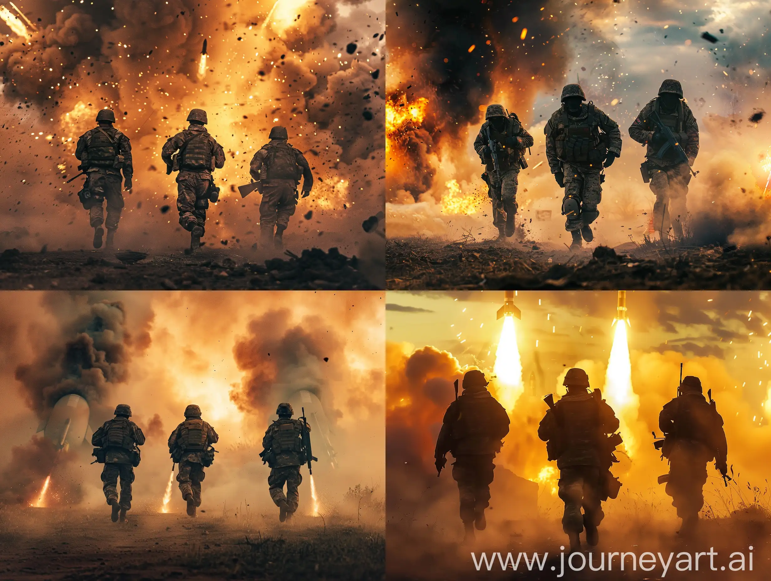 three soldiers coming back from war and explosions of missiles