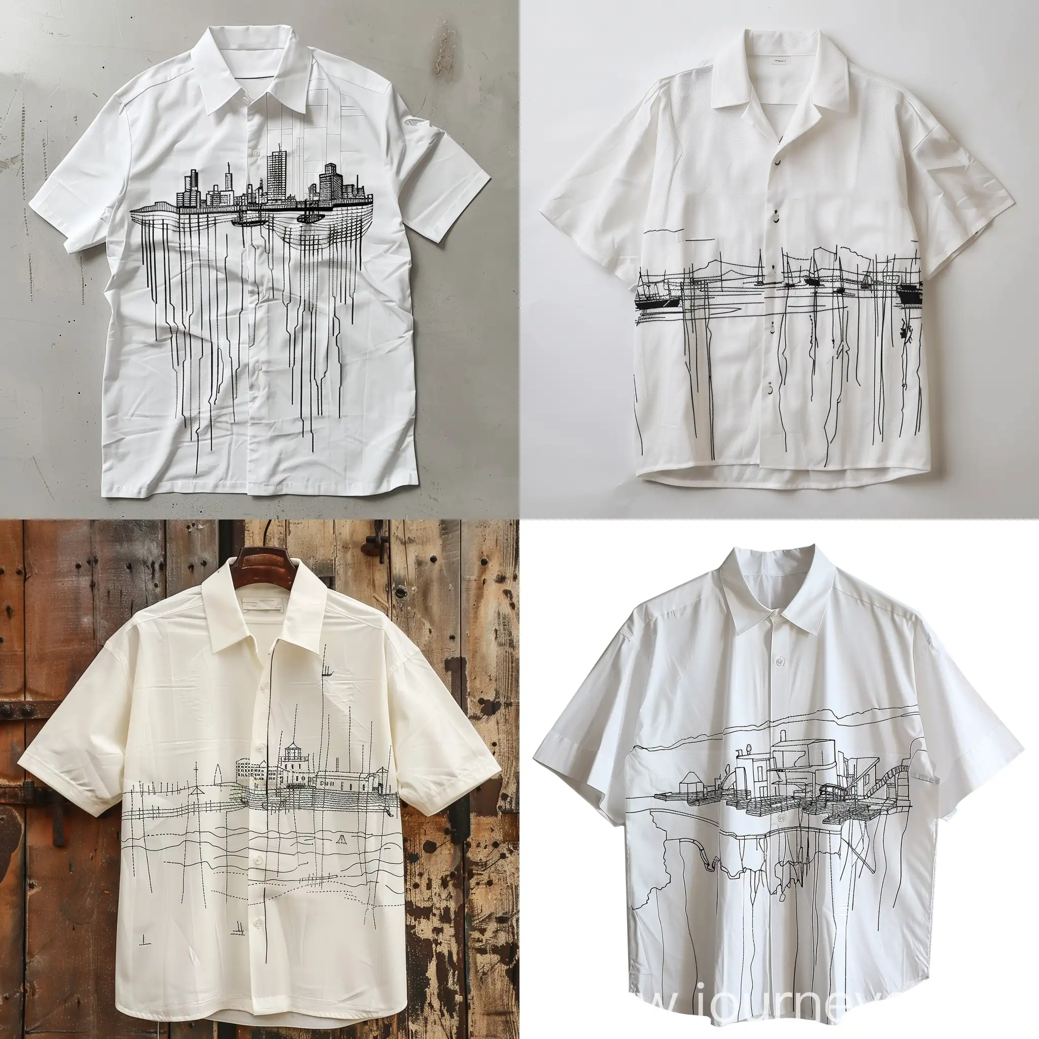 Design a free size white men'shirt, the shirt has image of a harbour made of ony black running stitch out line. The design comes on the down part of the shirt. It has a different type of collar