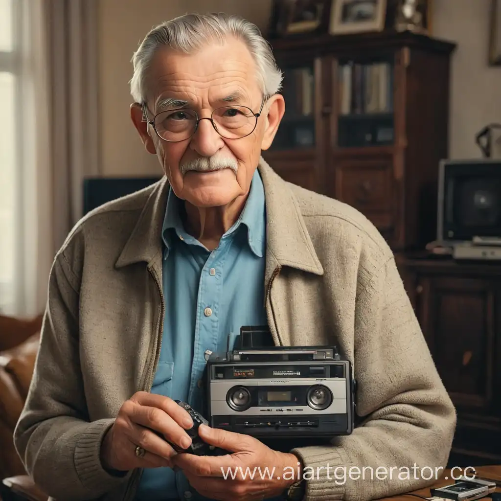 Elderly-Man-Nostalgically-Listening-to-Music-with-Vintage-Cassette-Player