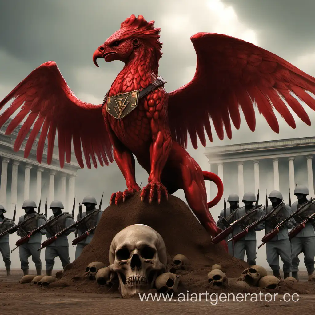 Majestic-Red-Griffin-Perched-on-Human-Skull-with-Marching-Soldiers