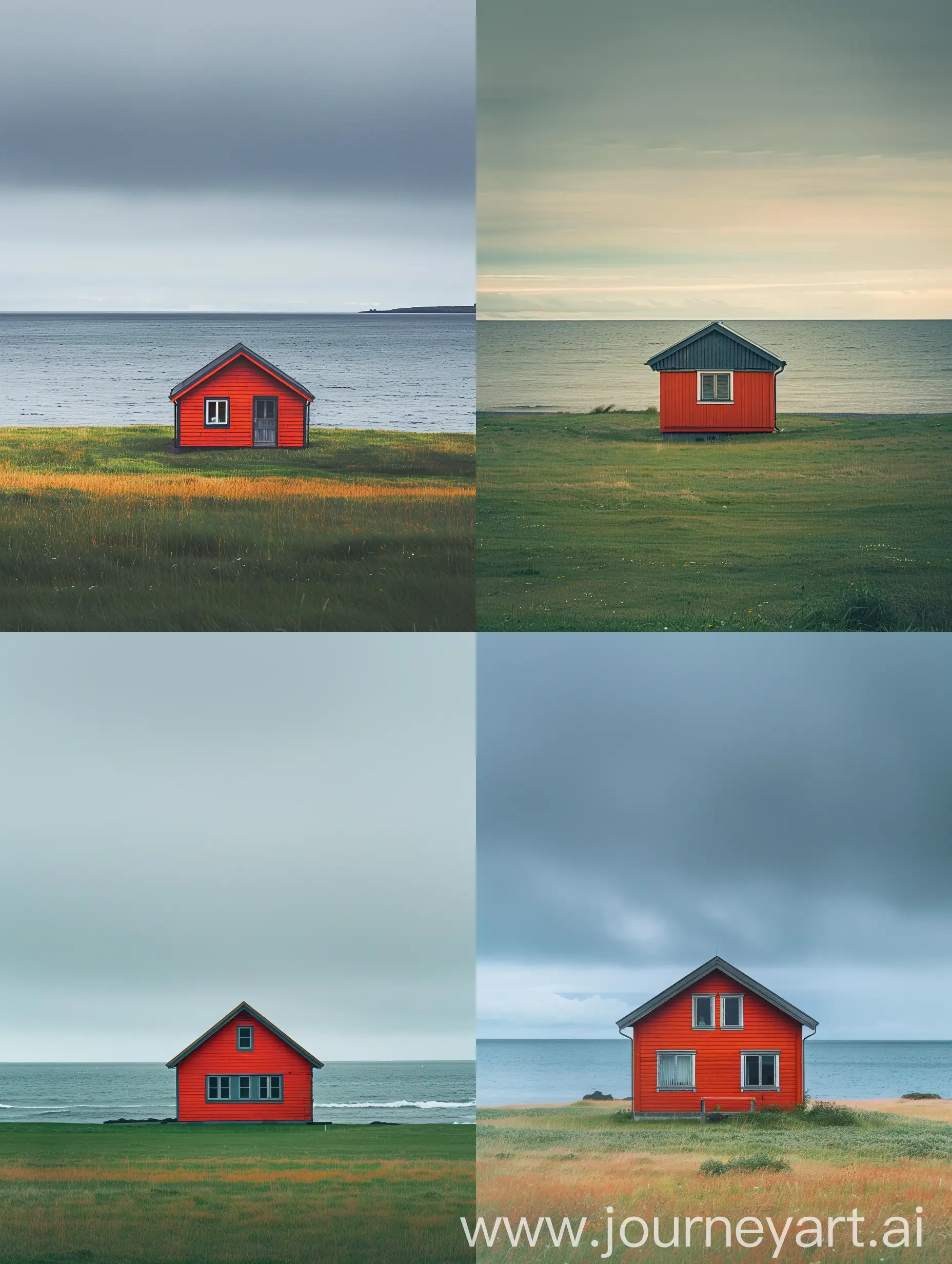 a red house is on a grassy field behind the ocean, in the style of minimal retouching, zeiss batis 18mm f/2.8, 20th century scandinavian style, light orange and dark gray, grandiose color schemes, vignetting, high contrast shots,minimalist