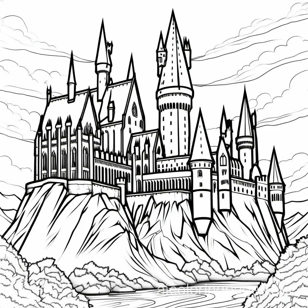 Hogwarts Castle Coloring Page for Kids Simple Line Art on White ...