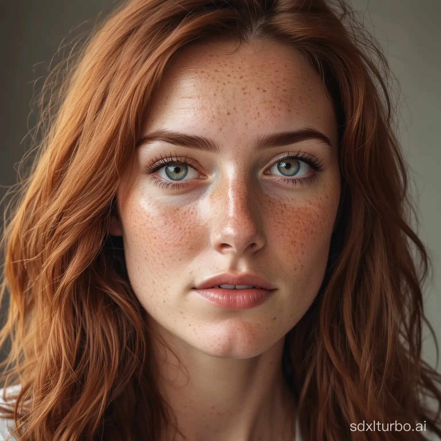 1 beautiful, sophisticated European woman with freckles on her face
