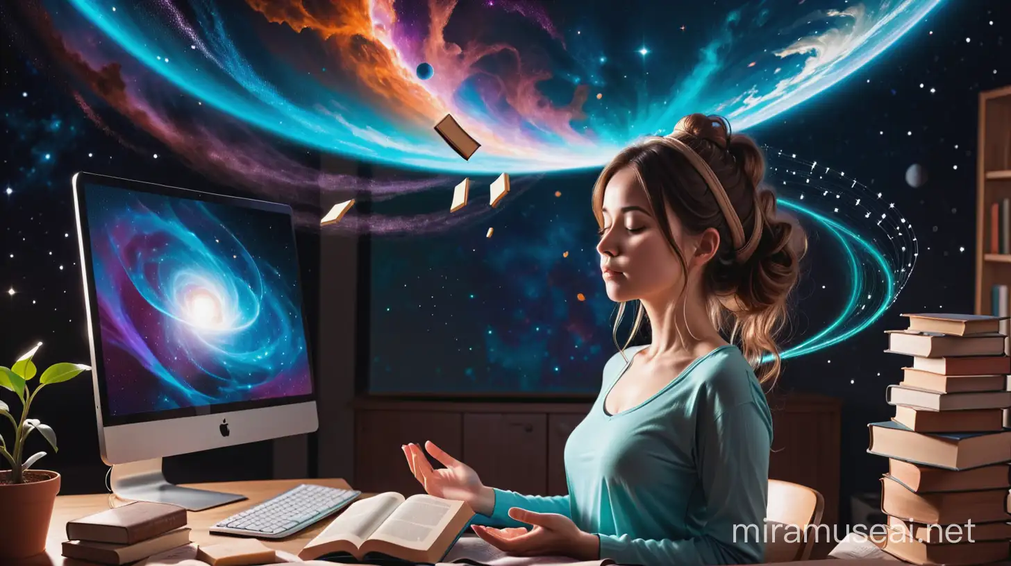 a woman doing meditation, and computer and book mess around his head, universe backkround