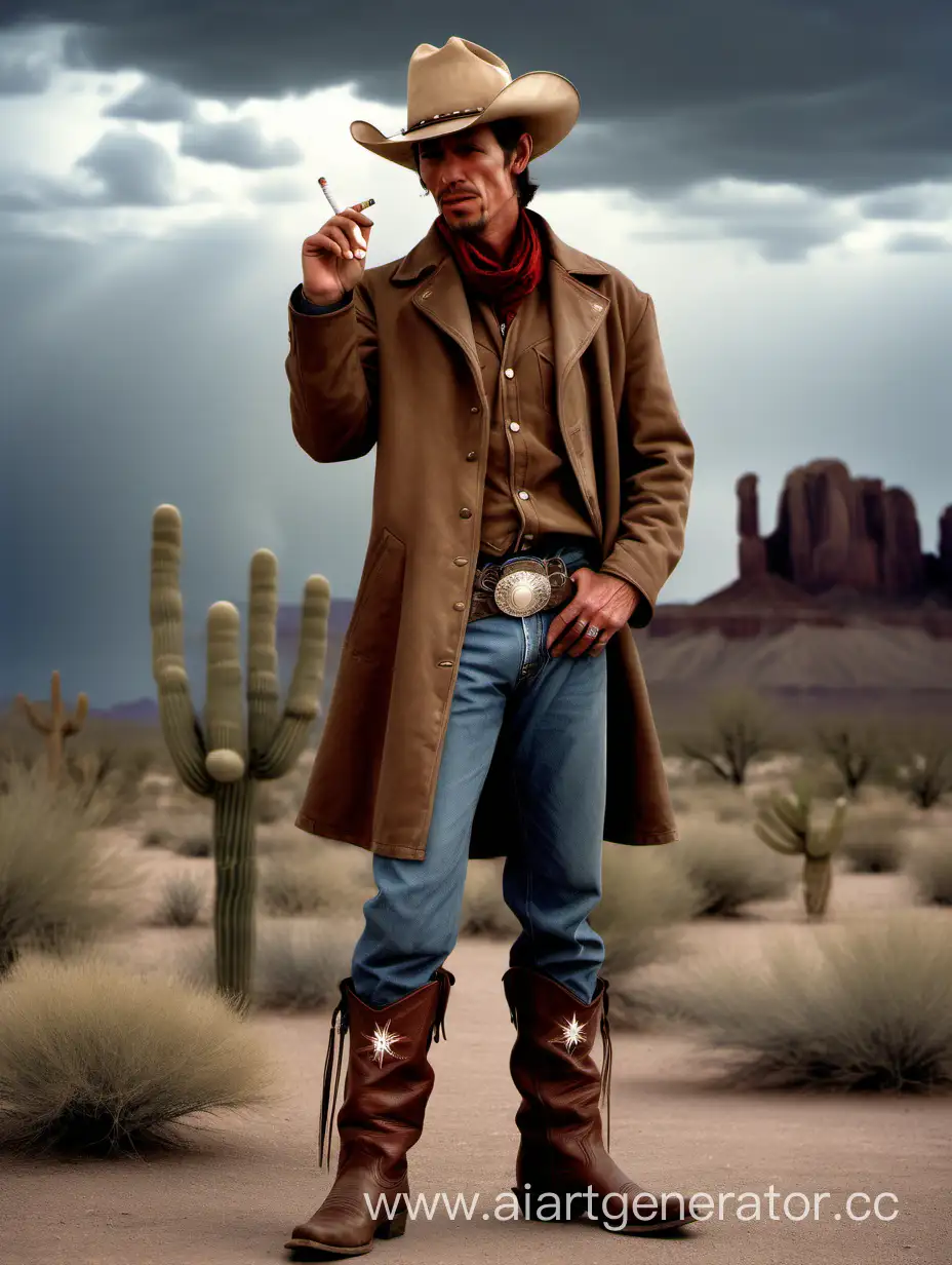 реалистичная фотография. ковбой стоит и одной рукой держит сигарету у лица указательным и большим пальцем, другая рука в кармане пальто. фотография в полный рост. на ногах сапоги в цвет шляпы. на фоне пустыня и хмурое небо.