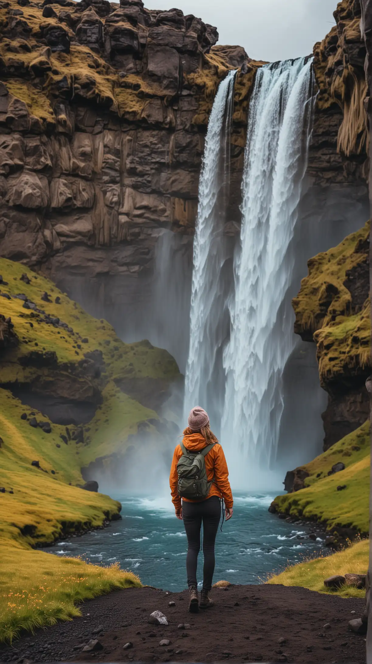 A travel girl in front of gorgeous waterfall in Iceland, radiant colours, 4k