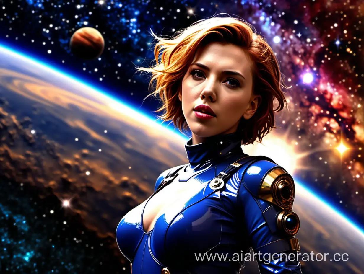 Скарлет Йохансен, на фоне звёзд, планет и галактик, стиль аниме, 4k 