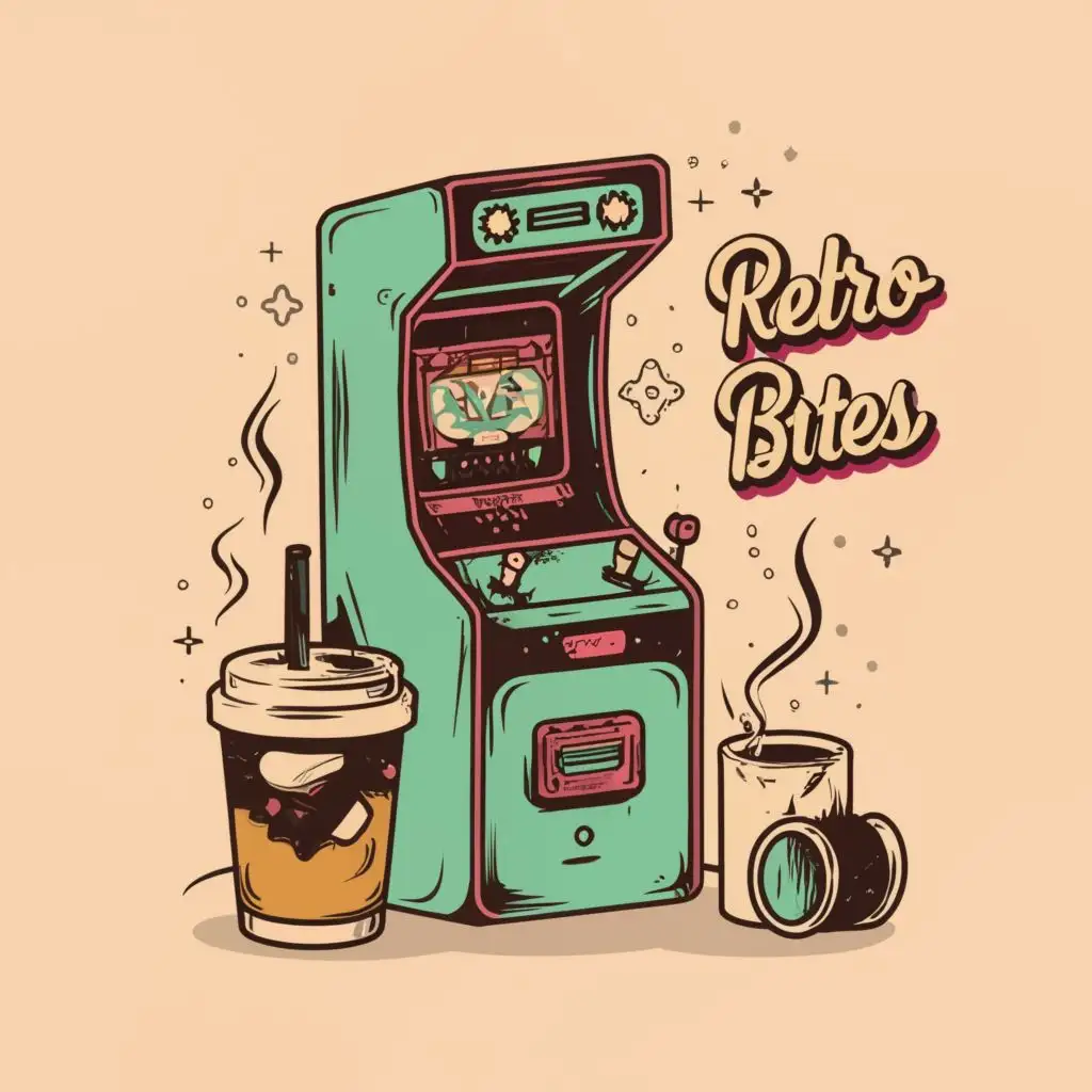 logo, arcade machine and coffee, with the text "Retro Bytes", typography