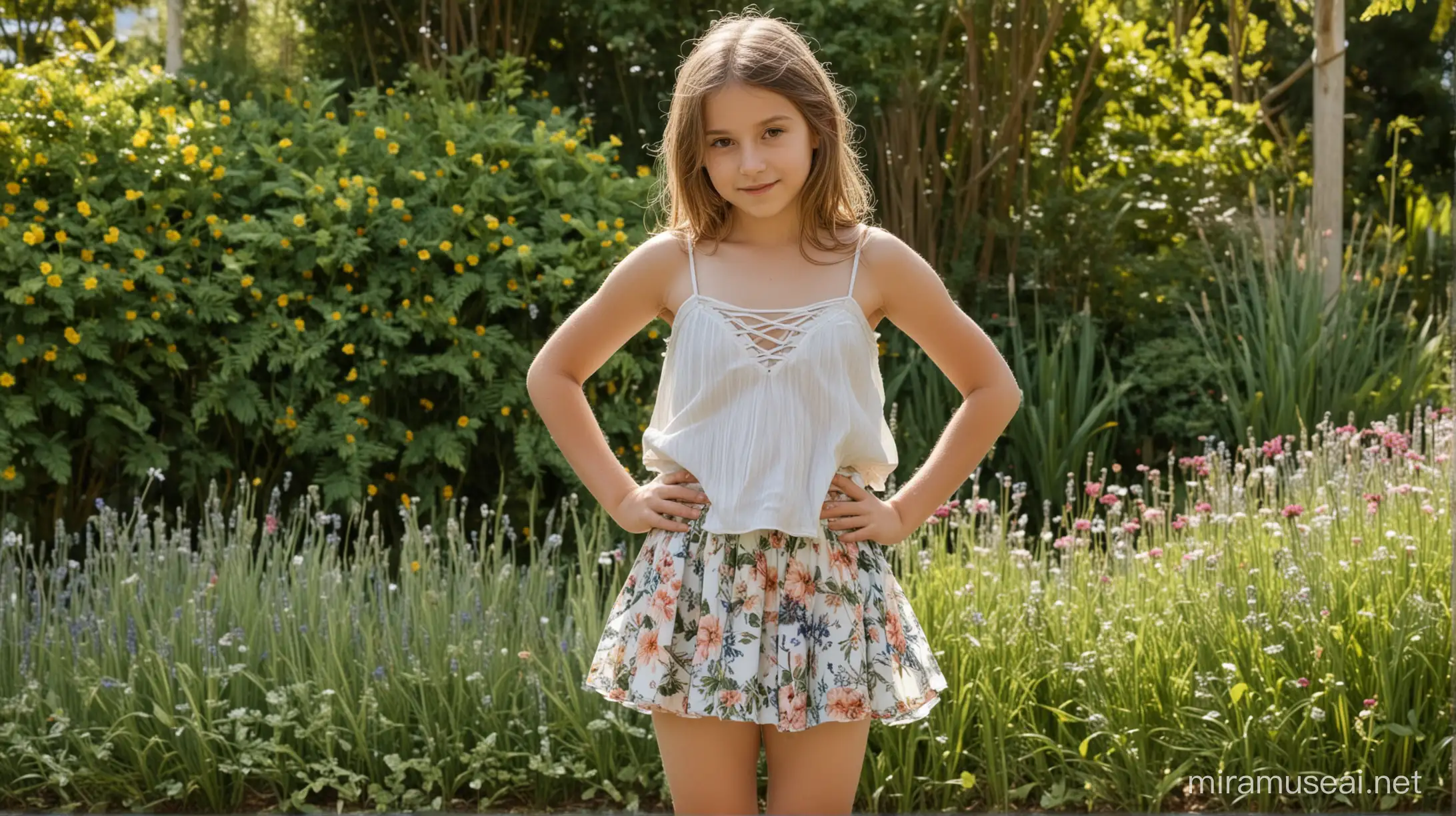 10 years old girl, wearing strappy camisole with flowy mini skirt in garden
