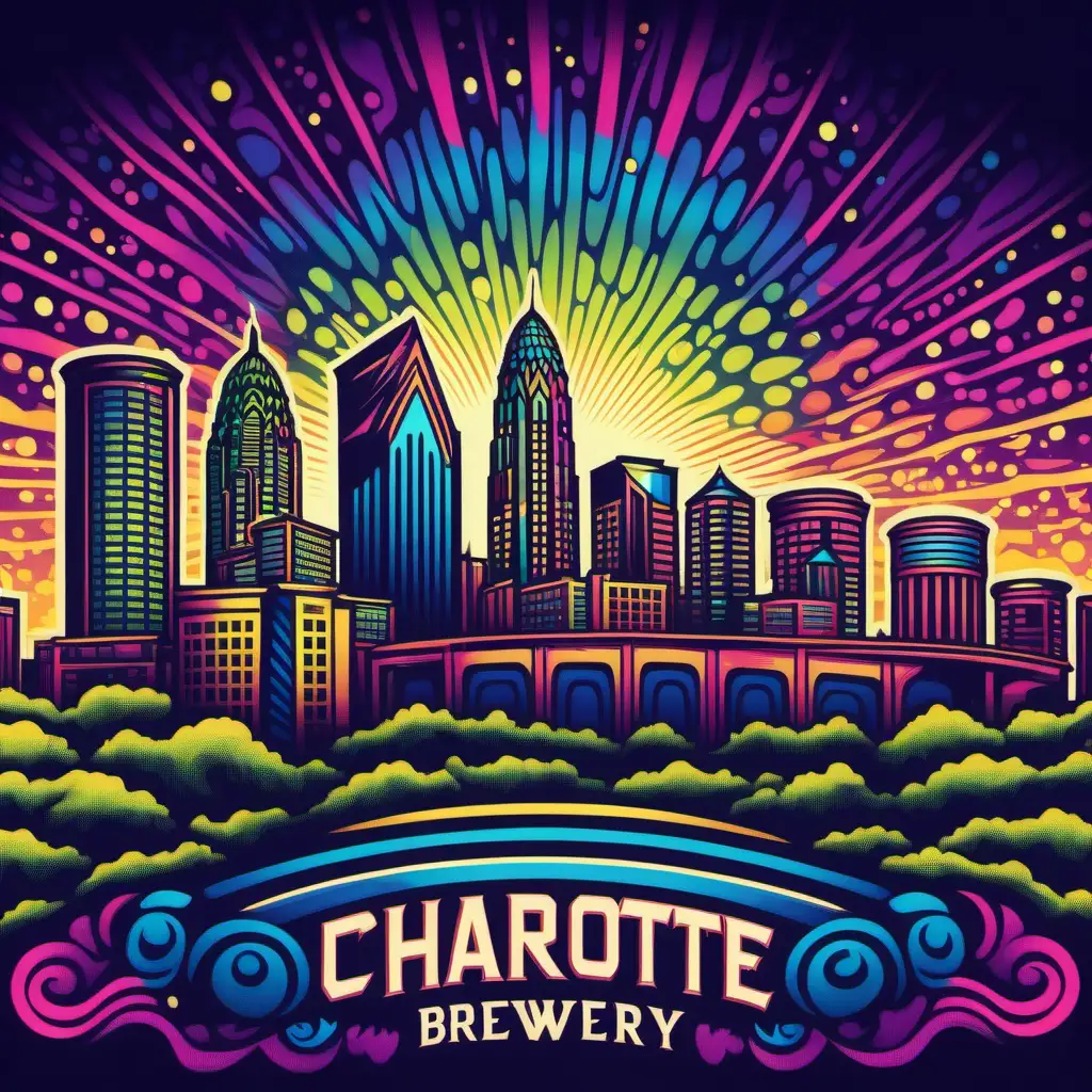 Vibrant Charlotte Skyline with Psychedelic Brewery Illumination