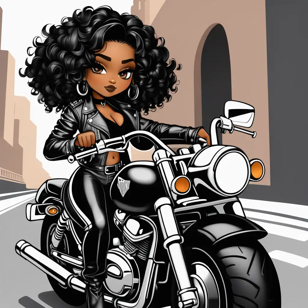 black beautiful glamorous curvy chibi style woman, her hair is in a black curly hairstyle, riding a motorcycle, wearing a black leather motorcycle jacket and leather pants