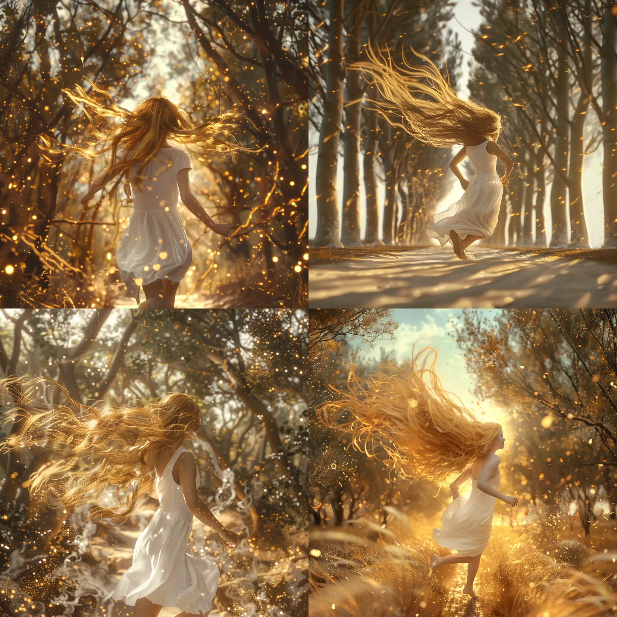 Девочка бежит по волшебному лесу, золотистые развивающиеся волосы, белое простое платье, виден горизонт и  небо, 8k, дымка, ультодетализация, плёночная фотография, рассеяние света, тенденции на артстанции, резкий фокус, высокая детализация 
