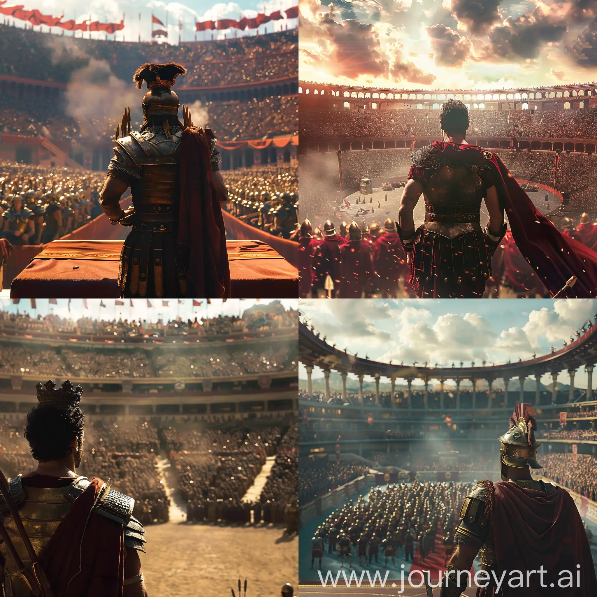 king to be crowed in a full stadium, epic background, make it feel like gladiator