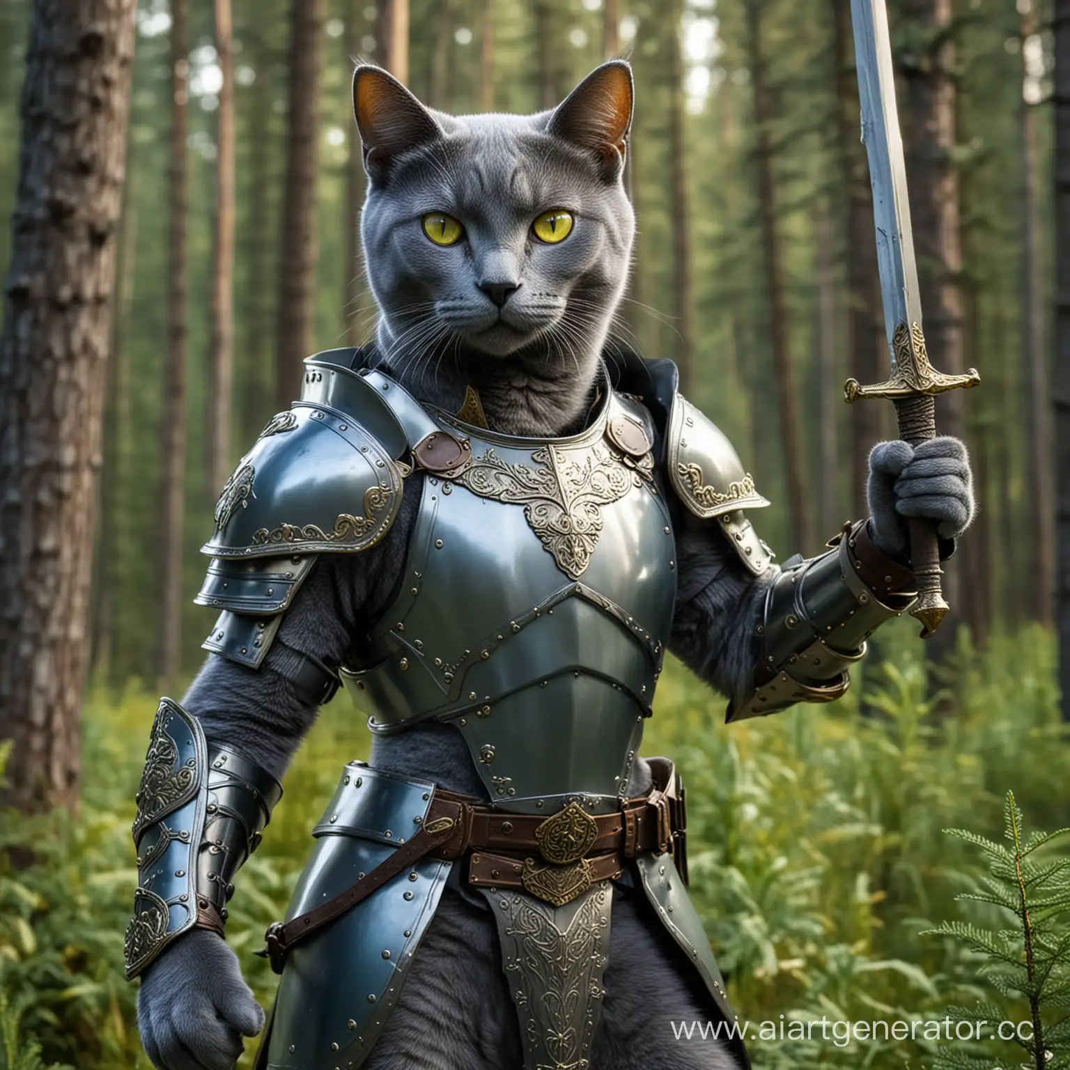 Proud-Paladin-Grey-Cat-with-Sword-in-Coniferous-Forest