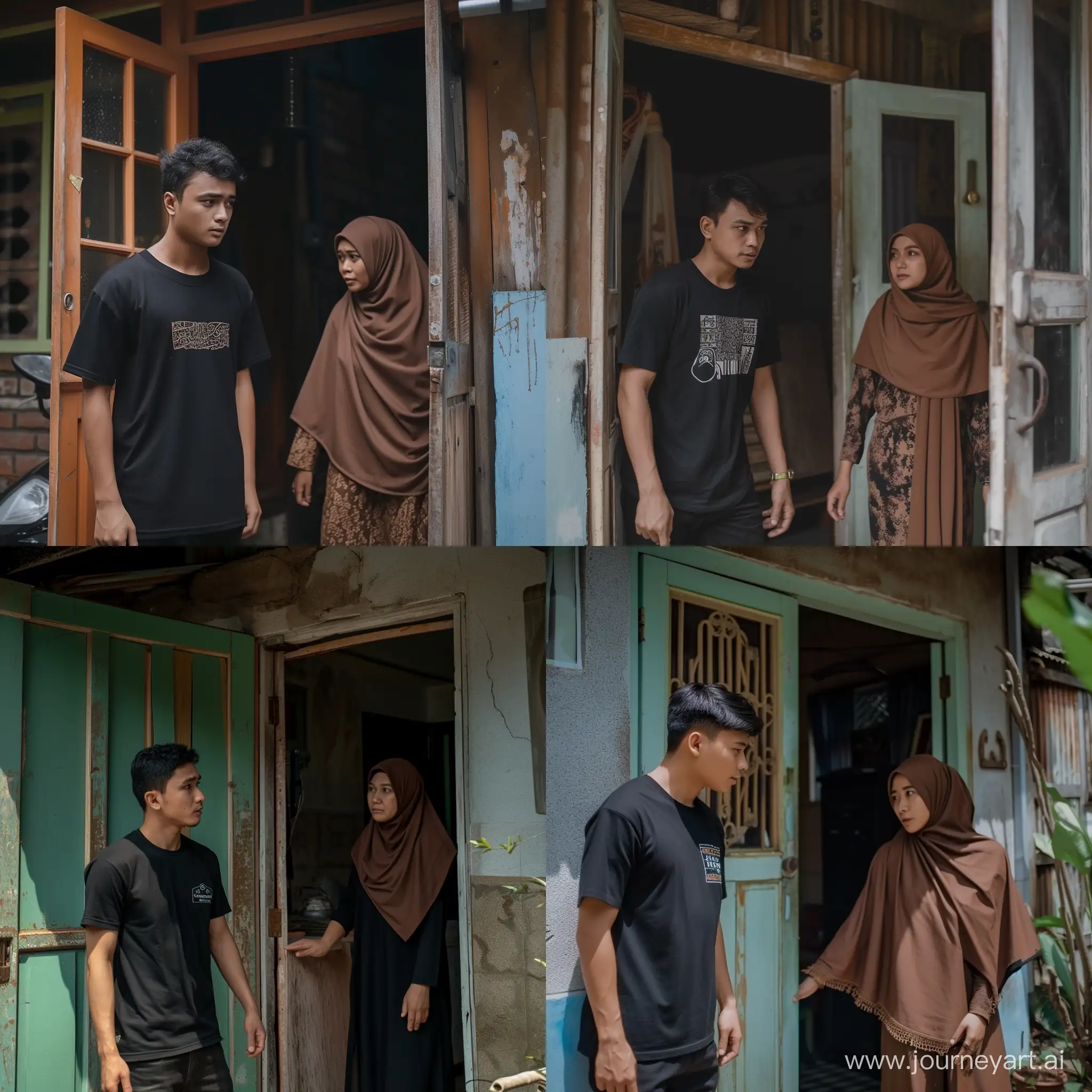 A young man wearing a black t-shirt and an Indonesian woman wearing a brown hijab opened the door of a simple house, view from inside the house,  Front view,  horror movie scene