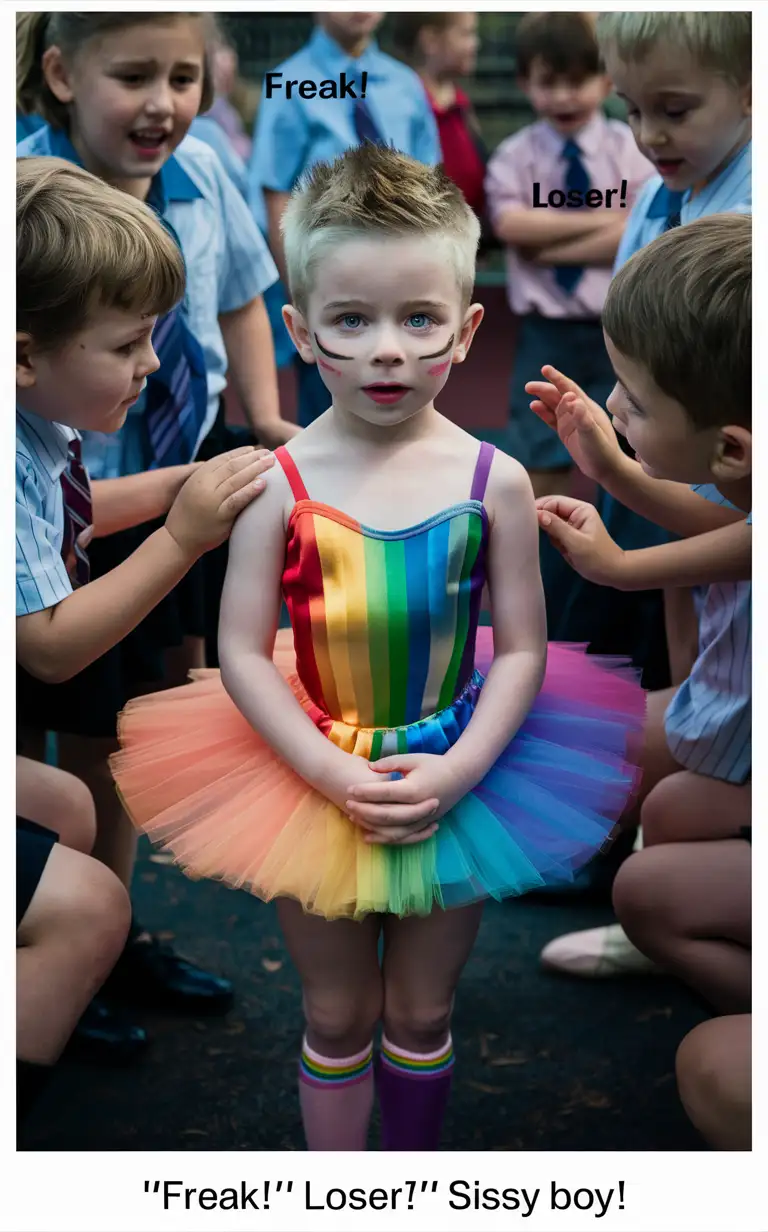 Gender role-reversal, Photograph of a Cute little boy age 6 with short smart blonde spiky hair shaved on the sides, he is getting bullied by the other schoolchildren on the playground for coming to school in a sparkly rainbow-coloured ballerina dress and socks and face-paint, adorable, perfect children faces, perfect faces, clear faces, perfect eyes, perfect noses,  smooth skin, photograph style, the photograph is captioned “‘Freak!’ ‘Loser!’ ‘Sissy boy!’”