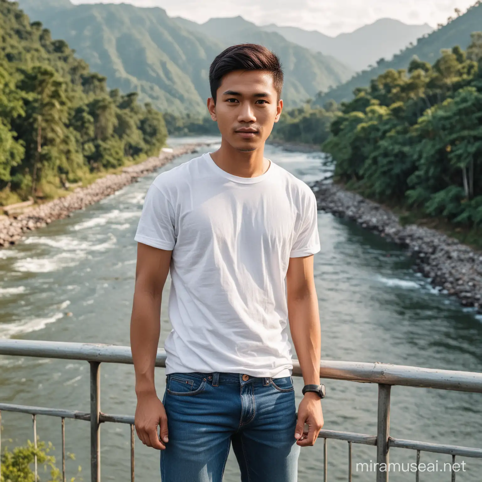 Pria infonesia umur 25 tahun,rambut pendek,baju kaos putih,celana blue jean,berdiri di jembatan,latar belakang sungai,pohon dan gunung