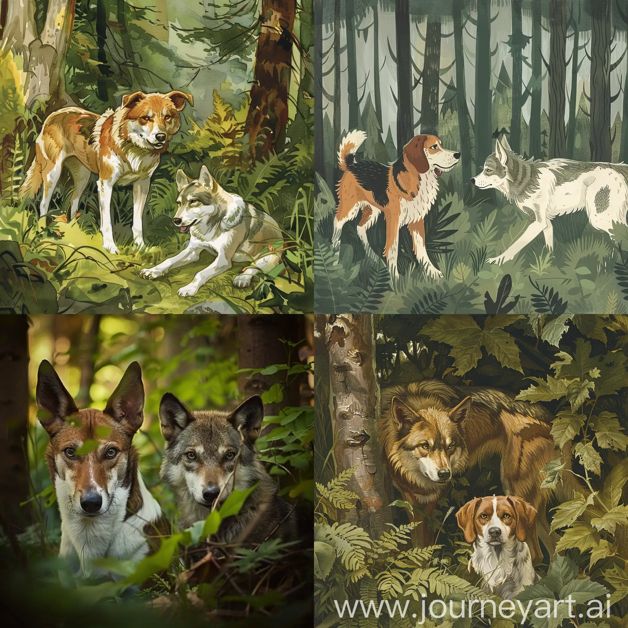 Forest-Canine-Learning-Dog-Observes-Wolf-in-Thicket