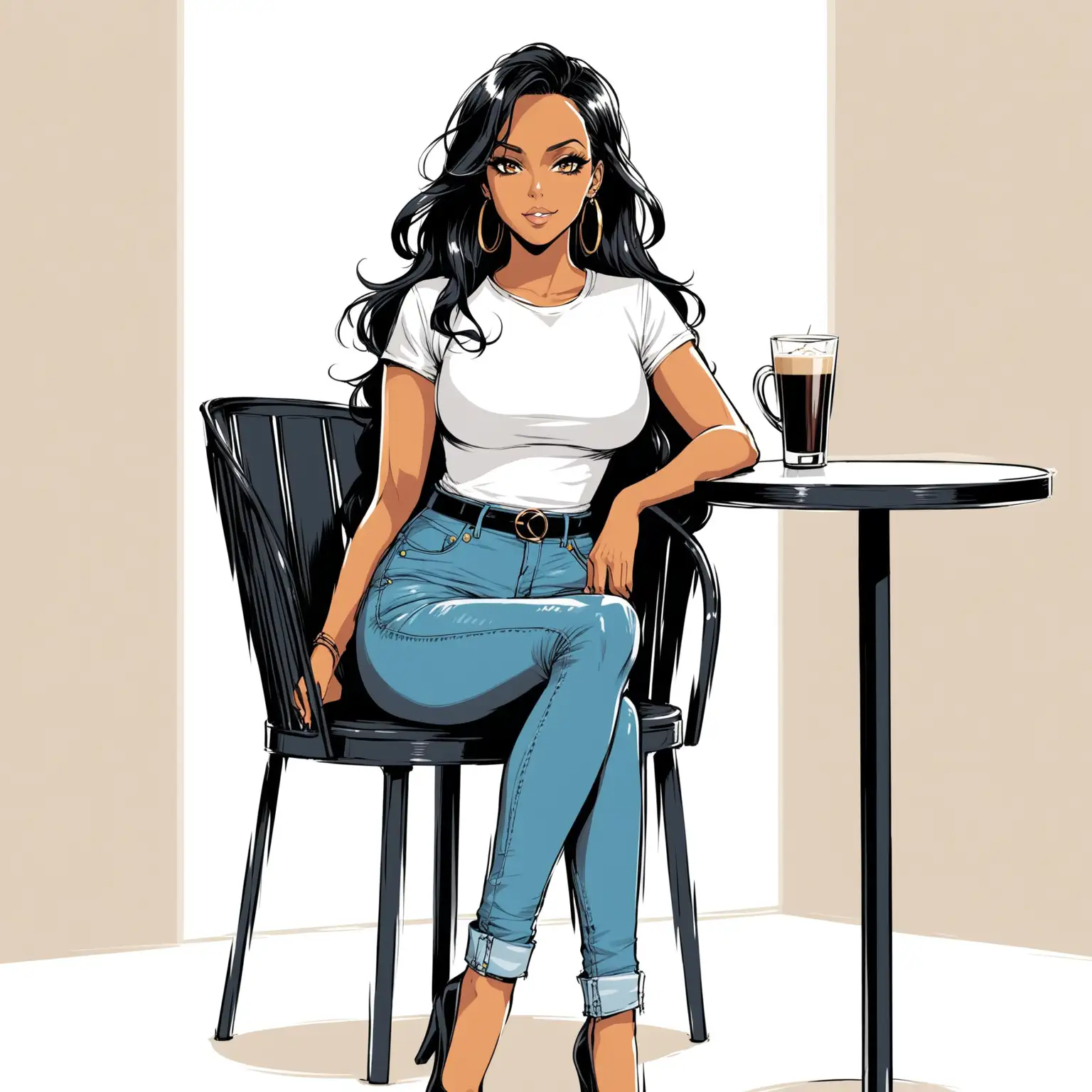 dans un style bande dessinée : 
une femme élégante au trait de la chanteusse Amel bent.
elle porte un jean.
elle porte un tee-shirt blanc moulant.
elle est assise sur une chaise de terrasse de café.
sur un fond blanc.