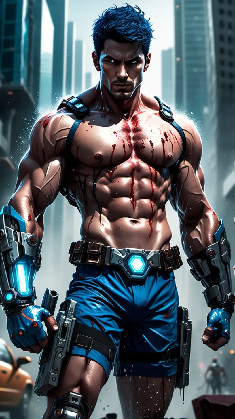 Generate an AI drawing that transports us to a gripping and retro-futuristic showdown, featuring a handsome shirtless male android hero. This muscular hunk stands dripping wet and bloodied, exuding exhaustion and resilience after an intense one-on-one duel against a rogue robot adversary who had the upper hand.

The android hero possesses facial features that include glowing aquamarine eyes, short navy blue hair, stubbles, a rugged 5 o'clock shadow, and a robustly hairy chest. His attire consists of short shorts, futuristic bracelets, and leg armor that hint at his technological prowess.

Despite the battle-worn appearance, the hero's facial expression assures the viewer that he is unscathed and ready for the next challenge. This drawing captures the essence of retro-futuristic heroism, with the android's determination and resilience shining through even in the face of formidable odds