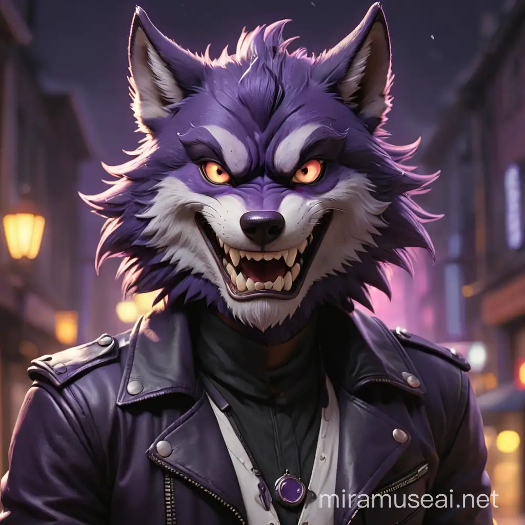 a vintage-style cover with an anthropomorphic male purple wolf, glowing purple eyes, a sharp-toothed smile and his outfit consisting of a black biker jacket, a white shirt and a brown hat