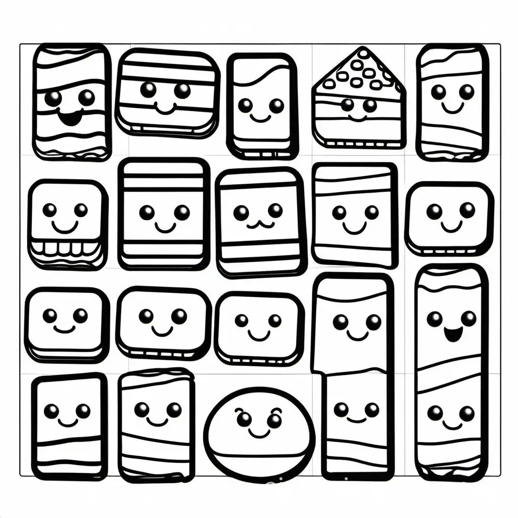 cute bars of chocolates being happy with cute kawaii faces, Coloring Page, black and white, line art, white background, Simplicity, Ample White Space. The background of the coloring page is plain white to make it easy for young children to color within the lines. The outlines of all the subjects are easy to distinguish, making it simple for kids to color without too much difficulty
