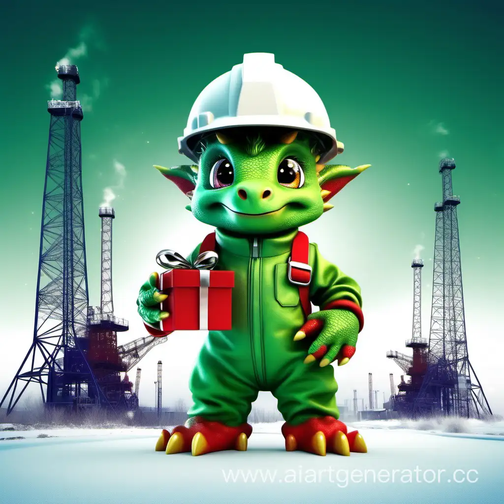 зеленый добрый милый дракончик в белой рабочей каске  в рабочем комбинезоне на фоне нефтяных вышек с подарком в руках зимой новый год