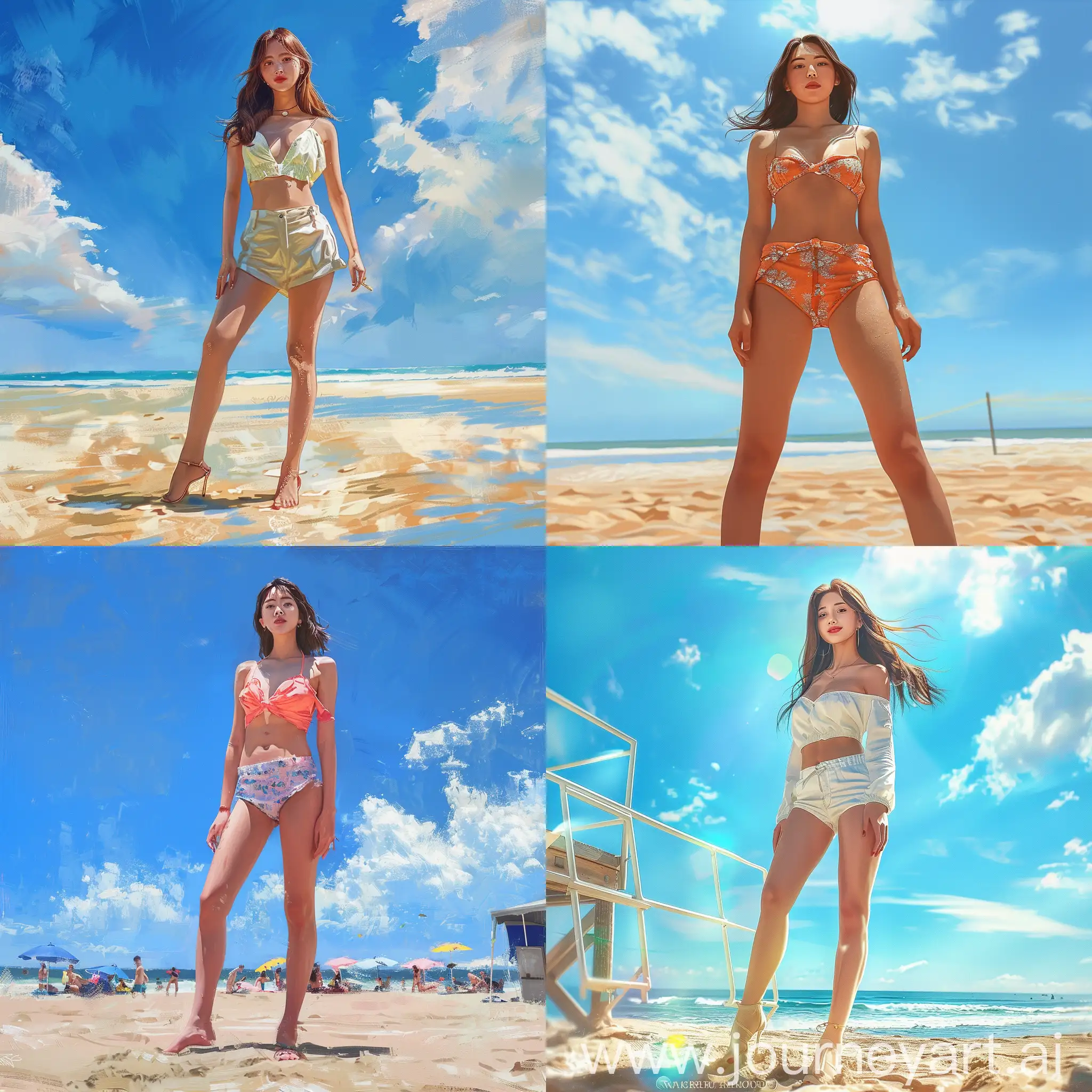 Create a realistic portrait of a stylish Korean woman at a sunny beach setting. She stands gracefully, embodying both elegance and confidence, with a focus on her fashionable beachwear that tastefully highlights her long legs. Her pose is playful and charming, capturing a moment of flirtatious fun, while her expression is inviting and teasing, perfectly balanced between sophistication and playfulness. The background is vibrant, filled with the serene beauty of the beach, the blue sky above, and the bright, warm sunlight that enhances the overall cheerful and lively atmosphere. The scene should exude a sense of joy and the natural beauty of a day at the beach, emphasizing the model's connection with the environment in a harmonious and aesthetically pleasing manner.