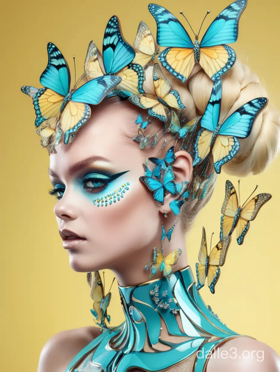 a woman with a very unique hairstyle of small butterflies, in the style of futuristic glamour, pale yellow and turquoise colors, rhinestones, close-up, bizarre and fantastic elements, colorful curves.