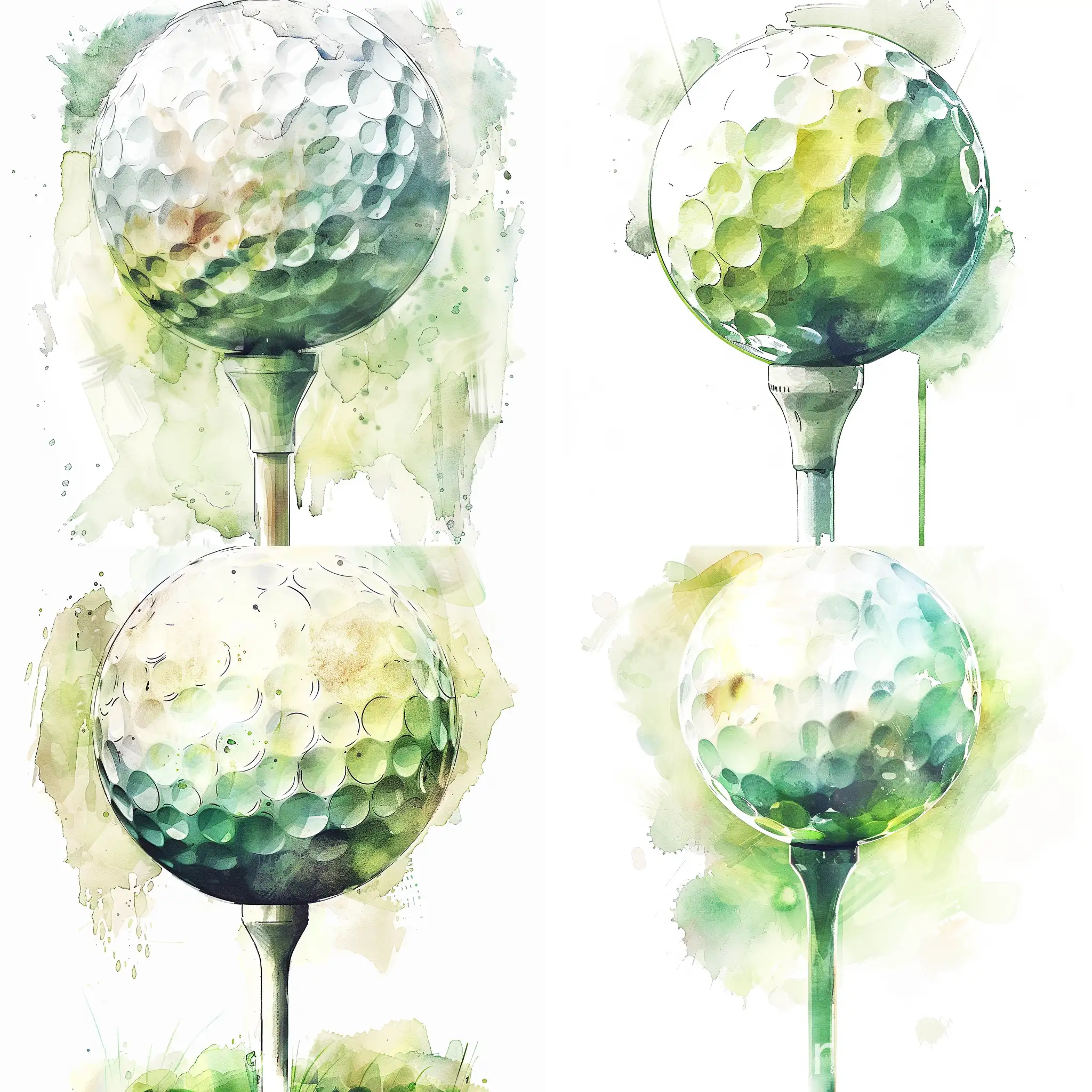 Create a digital illustration of a stylized golf ball resting on a tee, as if captured in a close-up photograph.
The golf ball should be painted with a soft watercolor effect, using a palette of gentle greens, whites and yellows.
Apply a slight transparency to the colors to enhance the watercolor aesthetic.
The golf ball and tee should be the primary focus of the image, with a plain white background to make the colors pop and emphasize the playful, stylized look of the illustration.
The overall style should be simple and artistic, evoking the feel of an original watercolor painting.