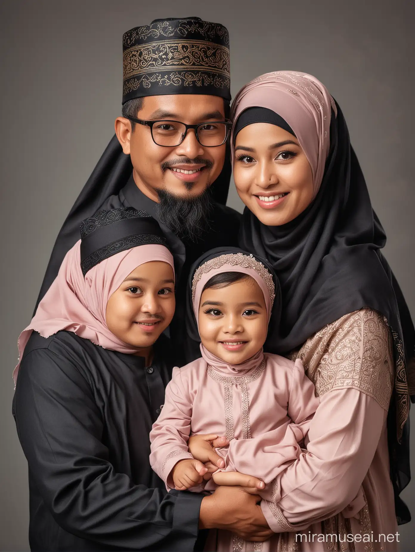 foto realistik keluarga berwajah khas indonesia terdiri dari ayah pria usia 40an bertubuh gendut memakai kopyah warna hitam, ibu berhijab bertubuh gendut, anak perempuan bayi usia satu tahun berhijab, anak perempuan usia 6 tahun berhijab. sedang merayakan idul fitri.