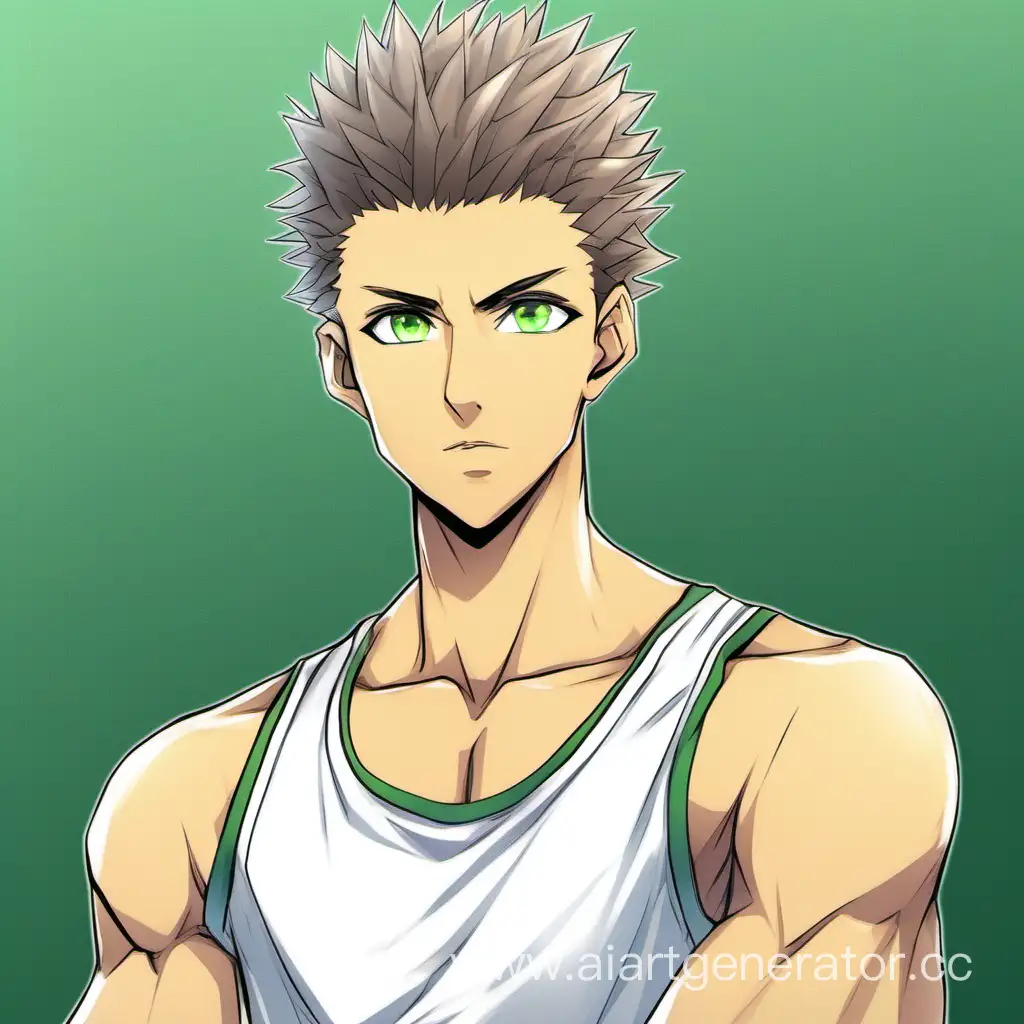 anime a tall tanned man with short hair "hedgehog" in a tank top with eyeliner green eyes posing realistic drawing