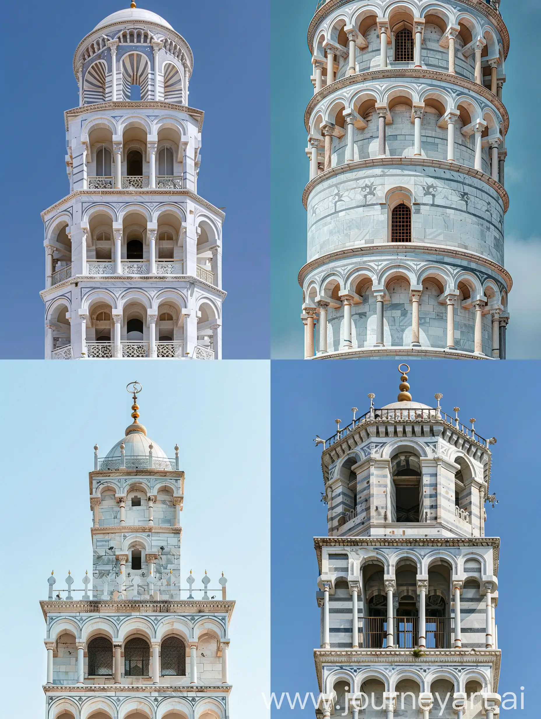 Mughal minaret influenced Leaning tower of Pisa, Mughal arches with mughal arched windows, Gurudwara dome at the top, White marbled, full top to bottom view