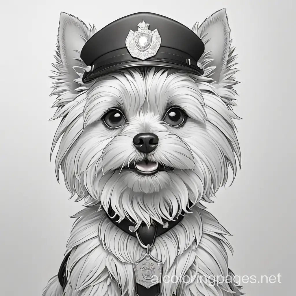 female yorkshire terrier police , Coloring Page, black and white, line art, white background, Simplicity, Ample White Space. The background of the coloring page is plain white to make it easy for young children to color within the lines. The outlines of all the subjects are easy to distinguish, making it simple for kids to color without too much difficulty