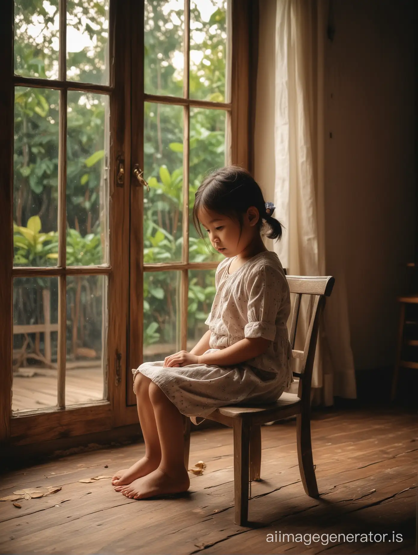 A six year old Indonesian girl sit on the Wood chair. She pondered and looked at the window.  Interior Wood feel inbthe old house. Add the leaves wither on the wooden floor. Add the table Wood and lamp. Atmosphere At the night. Background beautiful view