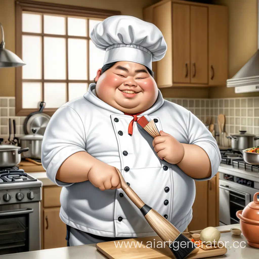 Толстый азиат в костюме повара с ершиком в руке на кухне
