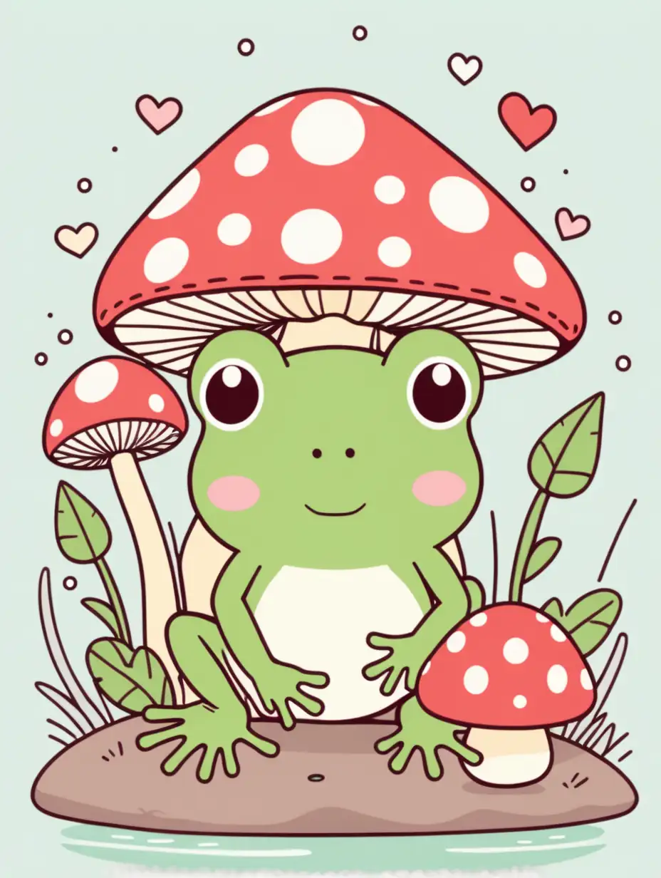 Cute Frog and Toadstool Kawaii Style Illustration